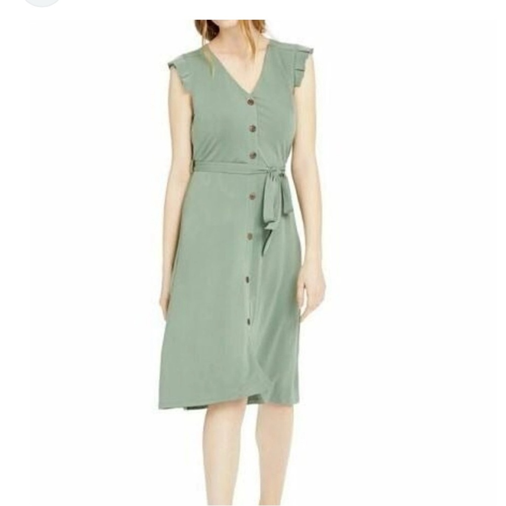 Monteau sage green ruffle cap sleeve midi dress small buttons tie waist small